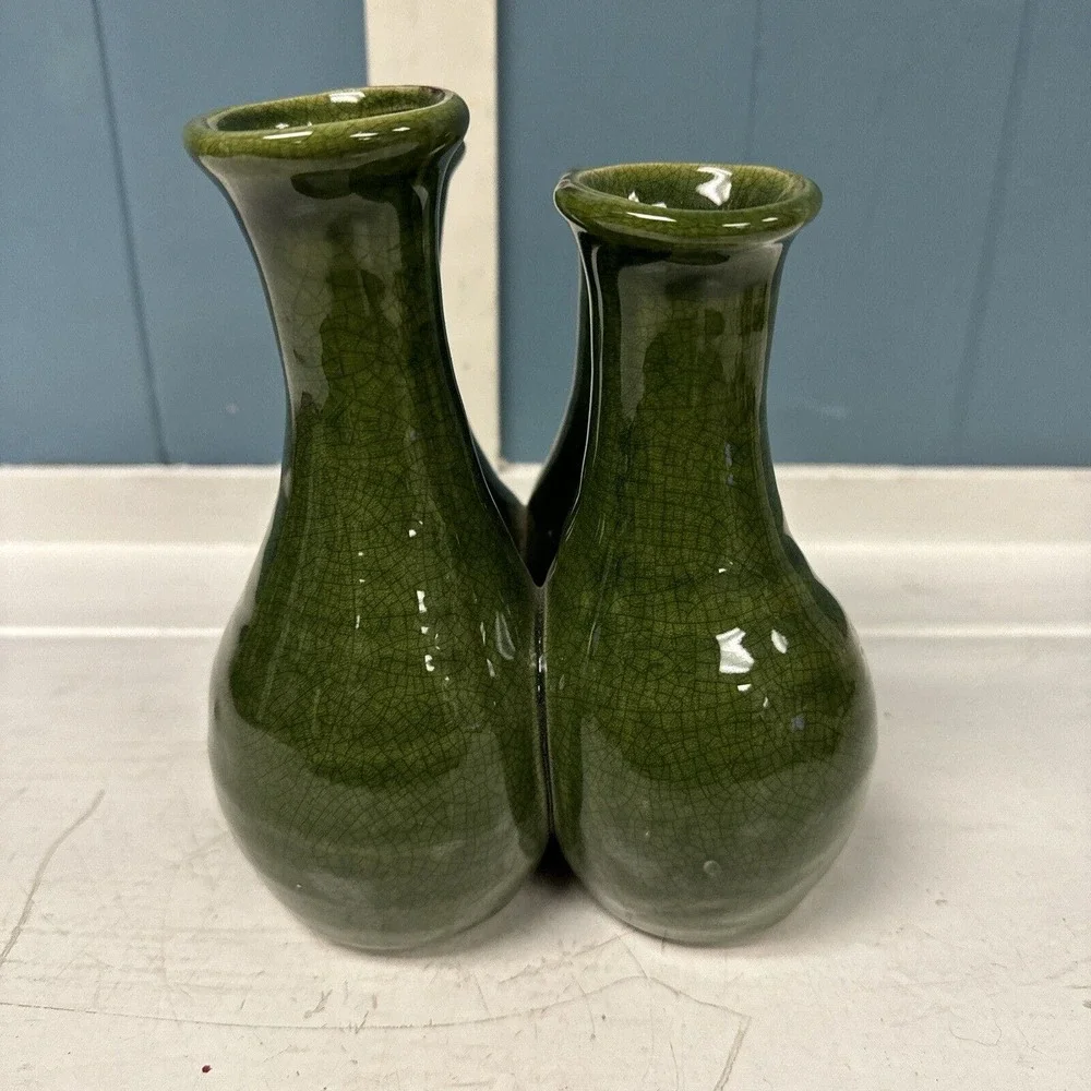 Vintage Pottery Crazed Green Finger 7”‎ Vase Four Vessel MCM RARE